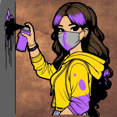 realistic girl with mask spray painting a wall