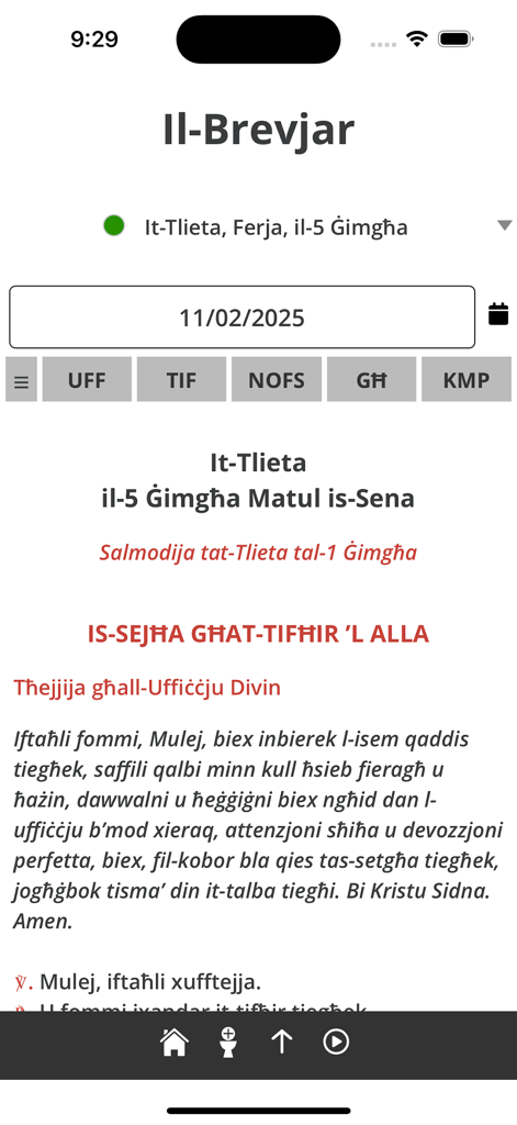 Il-Brevjar - Screen of the Il-Brevjar app with liturgical prayer text in Maltese