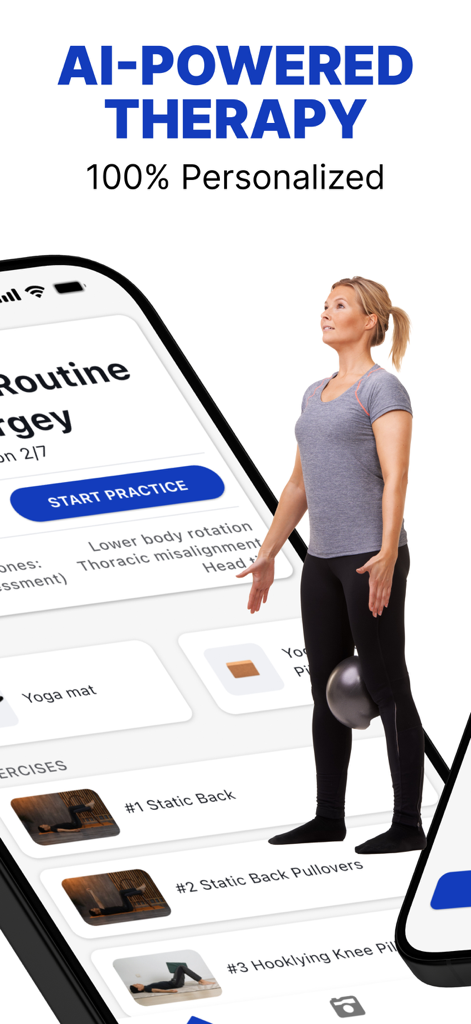 Postureletics Back Pain Relief - Postureletics app interface showing AI powered therapy and personalized routines