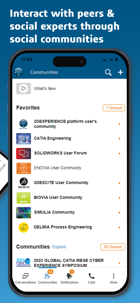 3DSwym - 様々なエンジニアリングコミュニティフォーラムを表示する3DSwymモバイルアプリのインターフェイス