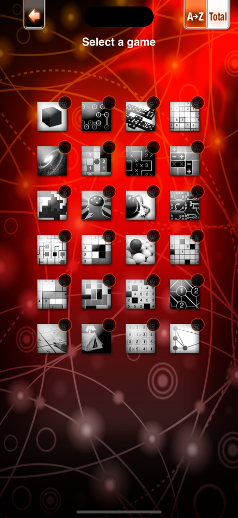 PuzzleManiak - Una cuadrícula de iconos para varios juegos de lógica como Sudoku y Buscaminas sobre un fondo rojo en la aplicación PuzzleManiak.