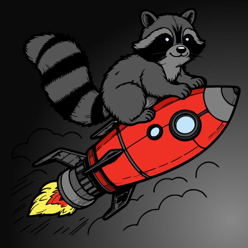realistic raccoon flying on top rocket ship