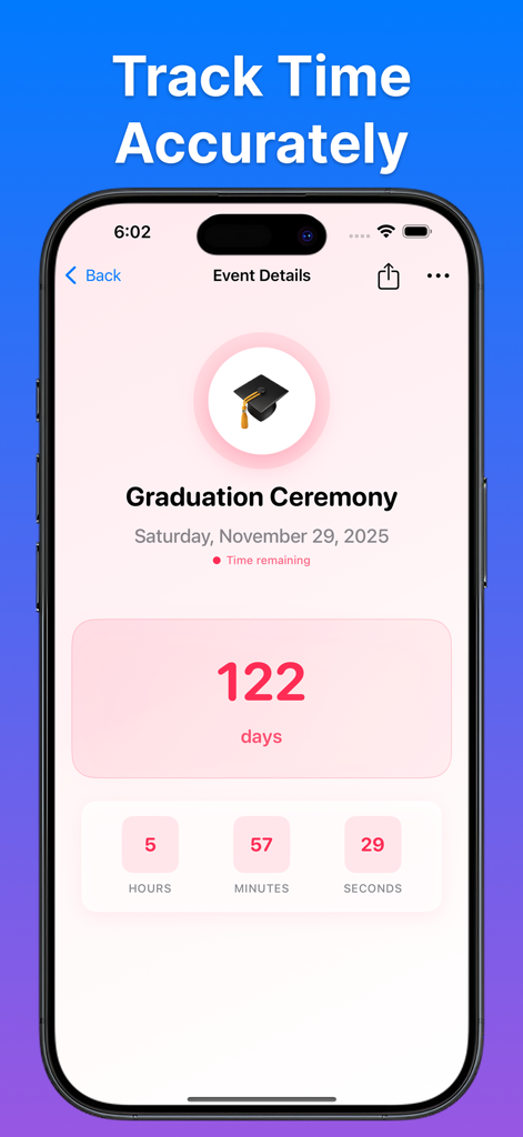 Countdown Widget • - Un temporizador de cuenta regresiva para una ceremonia de graduación que muestra los días, horas y minutos restantes en una interfaz limpia y estética