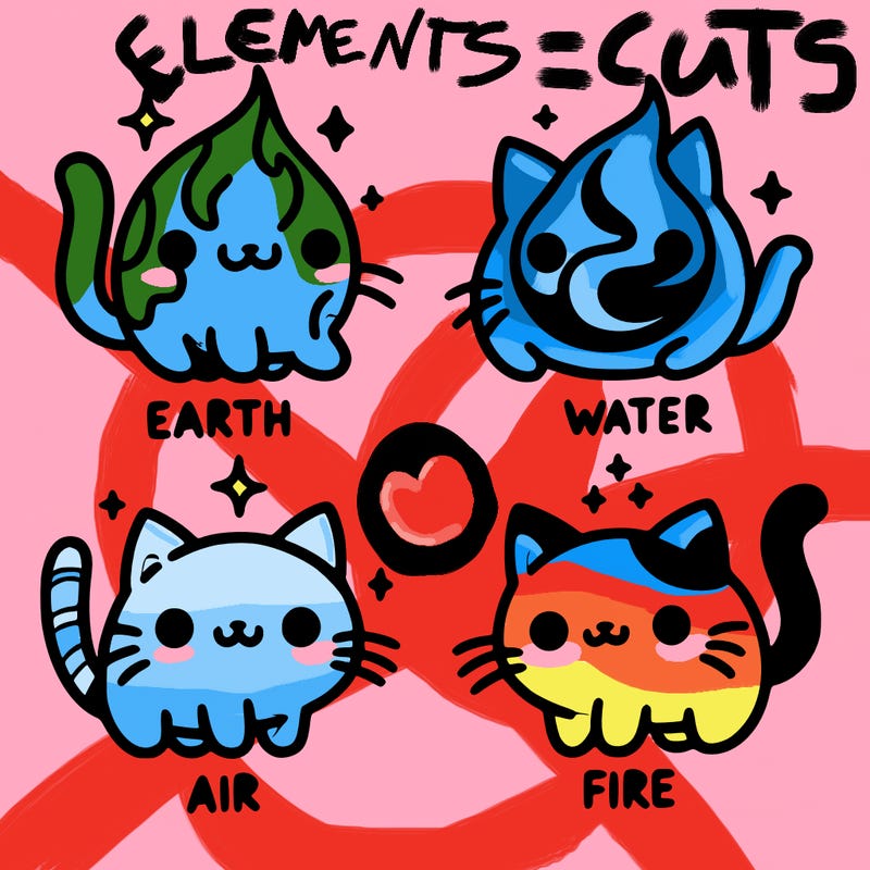 4 cats that represent the different elements, earth, water, air, and fire