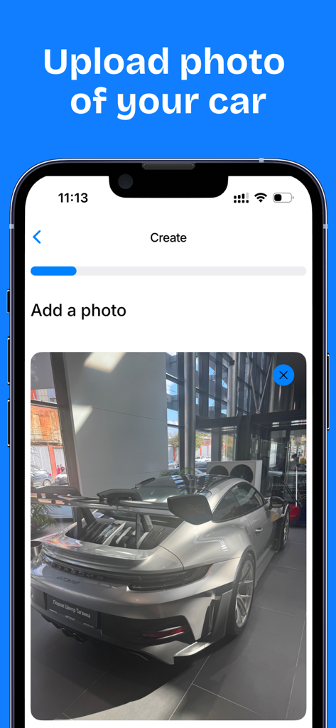Carzen - AI Car Design - Carzen app screen showing the upload photo step with a silver Porsche GT3 RS as a sample image