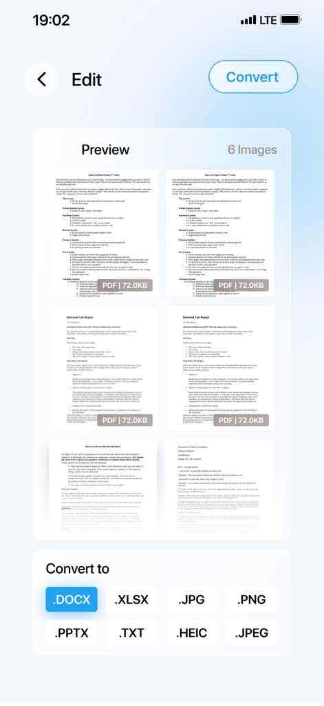 A preview screen of a PDF converter app showing document pages and options to convert to DOCX, XLSX, JPG, and other file formats.