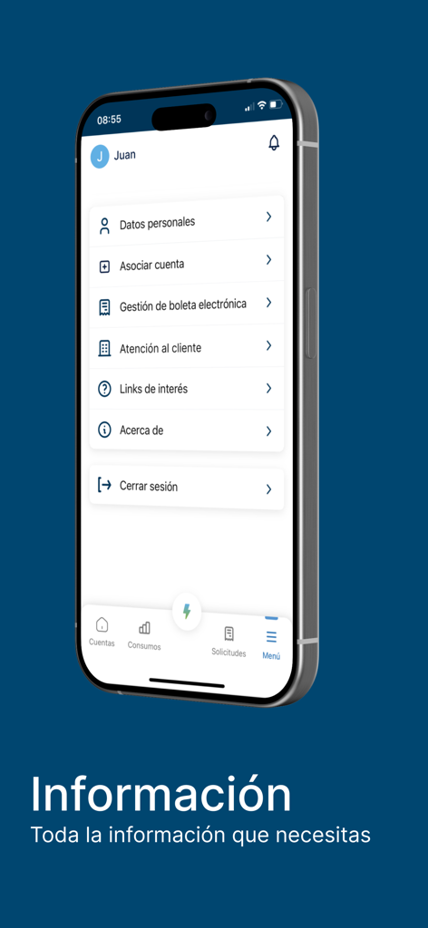 Mi Metrogas - A smartphone displaying the Mi Metrogas app menu with options for personal data, account linking, and customer service in Spanish.