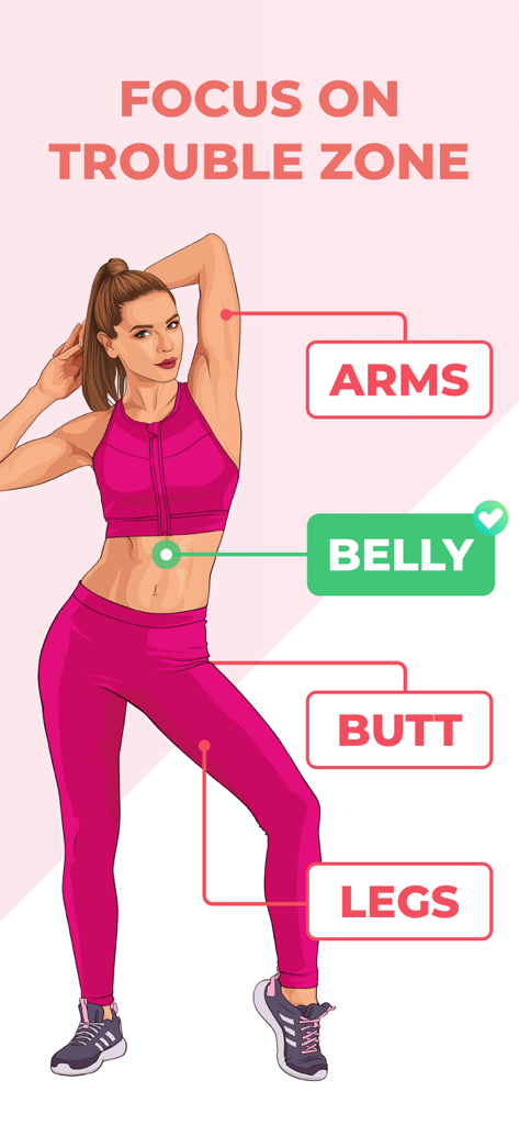 Fitness app interface showing options to target specific body areas for weight loss