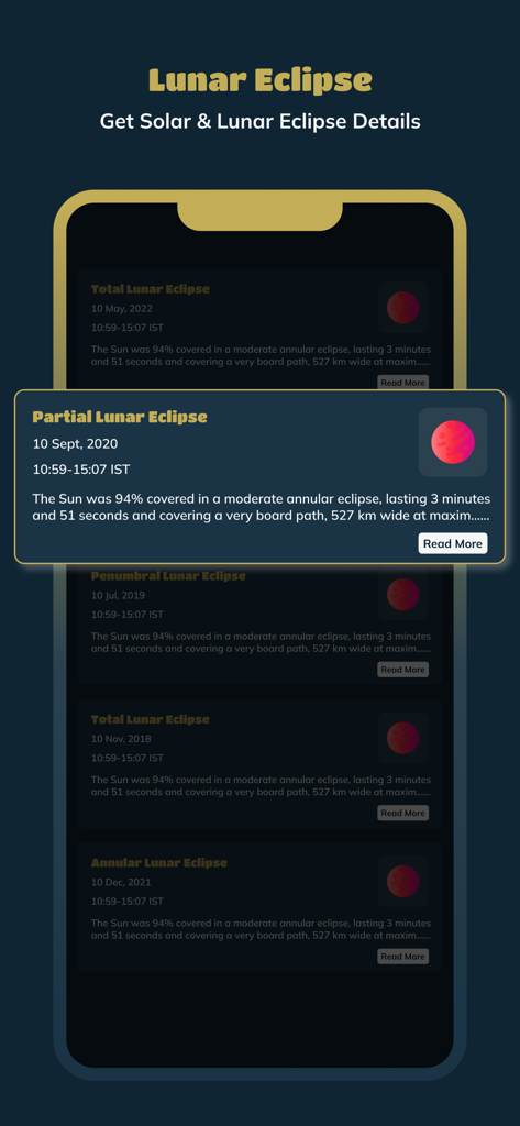 Skyview : Explore Universe - A detailed list of past lunar eclipse events including total and partial eclipses with dates and times on the Skyview app interface.