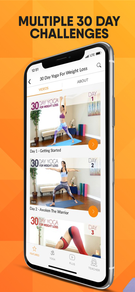 Yoga Plus by Psychetruth - Smartphone displaying a list of 30 day yoga videos for weight loss in the Yoga Plus app