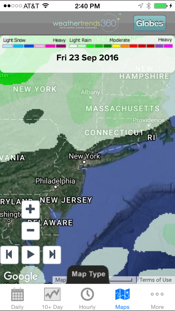 Interactive weather forecast map on the wt360 Pro mobile application