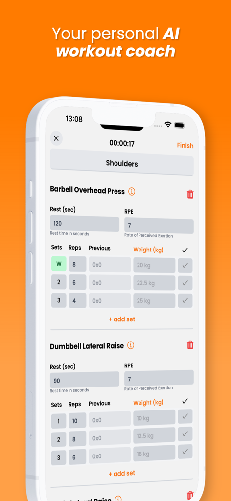 Flexiplan AI Workout Tracker app interface showing shoulder exercise logging with sets reps and RPE tracking