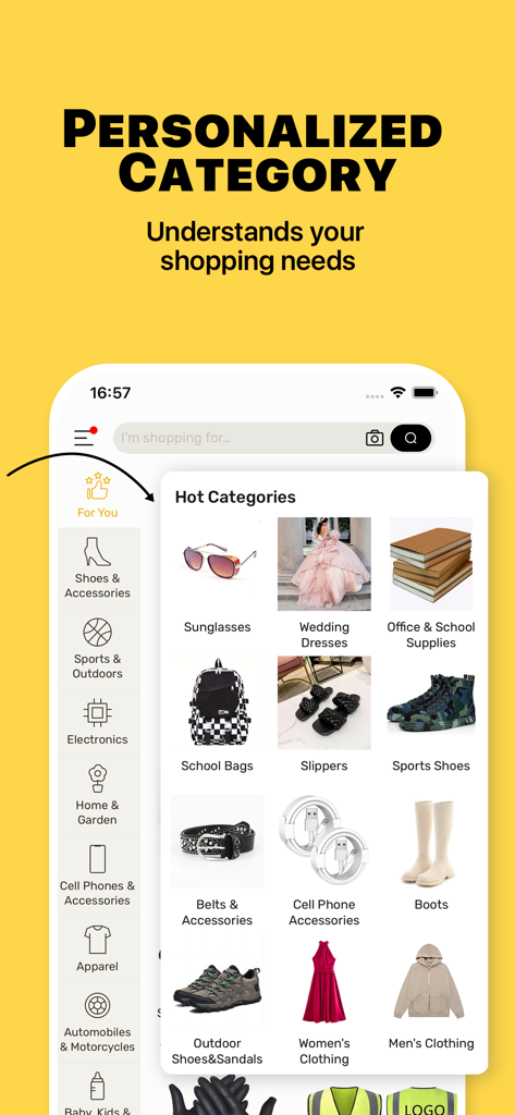 L'interface de l'application DHgate affiche des catégories personnalisées et des offres exceptionnelles sur des produits en gros tels que des vêtements et des produits électroniques.