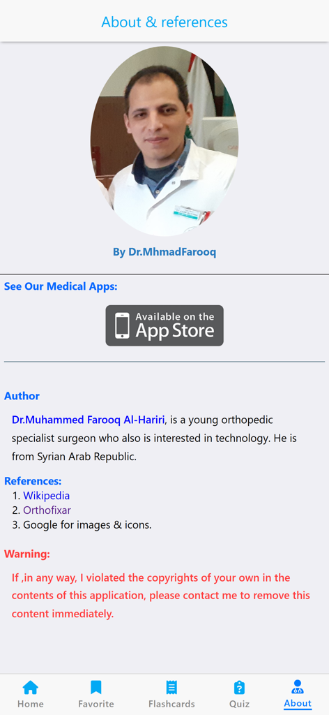 About and references page of the Learn Muscles Anatomy app featuring author Dr. Muhammed Farooq Al-Hariri.