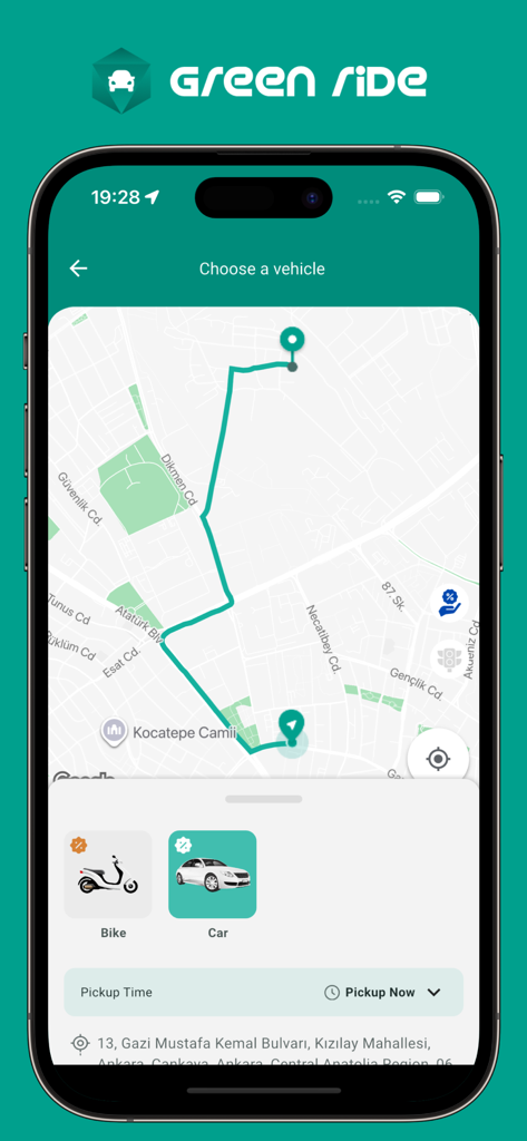 Green Ride – Taxi & Delivery - Interface de l'application Green Ride montrant un itinéraire sur la carte et des options pour choisir entre un vélo ou une voiture