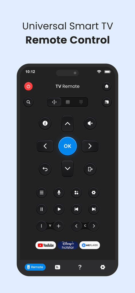 Universal TV Remote Control * - Una pantalla de smartphone que muestra la interfaz de una aplicación de control remoto universal para Smart TV con botones de navegación y accesos directos a aplicaciones de streaming.