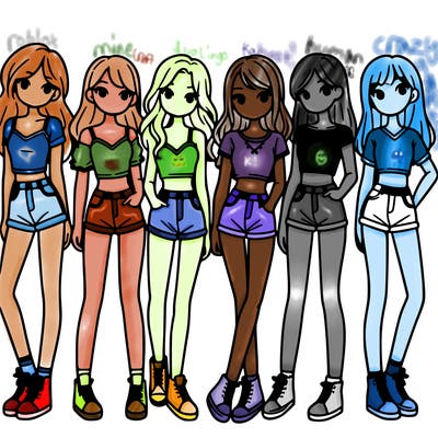 a group of girls wearing crop tops and shorts