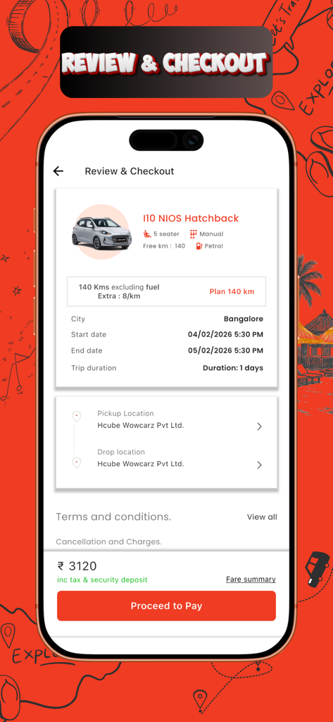 Wowcarz -Self drive car rental - 벵갈루루 여행에 대한 자동차 세부 정보 및 렌탈 가격을 보여주는 Wowcarz 앱의 검토 및 결제 화면