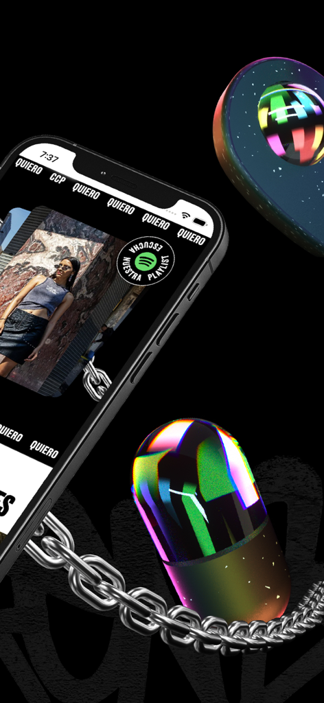 Cuidado Con el Perro - Smartphone mostrando la interfaz de la app Cuidado Con el Perro rodeada de objetos 3D iridiscentes y una cadena plateada