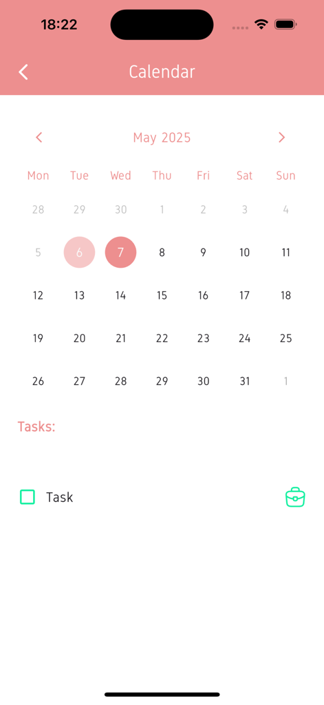 A minimalist calendar view in the Betao app showing May 2025 with pink highlights and a task checklist.