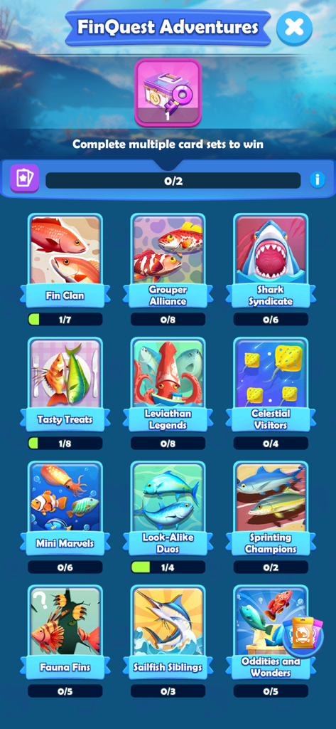Fishing Frenzy:Idle Hooked Inc - Pantalla del juego Fishing Frenzy mostrando la colección de cartas de peces de FinQuest Adventures