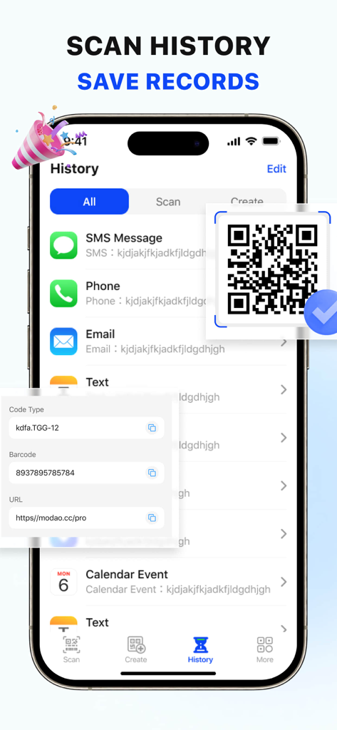 QR Scanner & AI Card - Pantalla de la aplicación móvil que muestra el historial de escaneo y la función de registros guardados de un escáner de códigos QR.