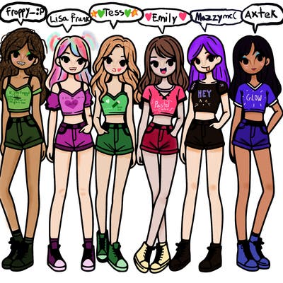 a group of girls wearing crop tops and shorts