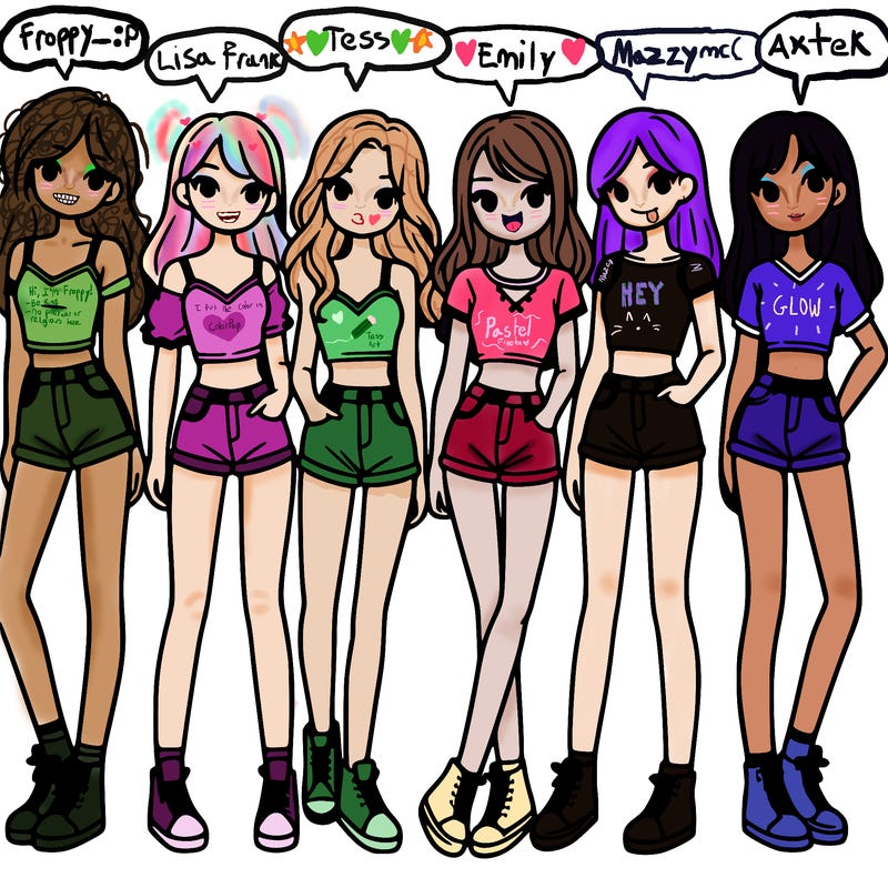 a group of girls wearing crop tops and shorts