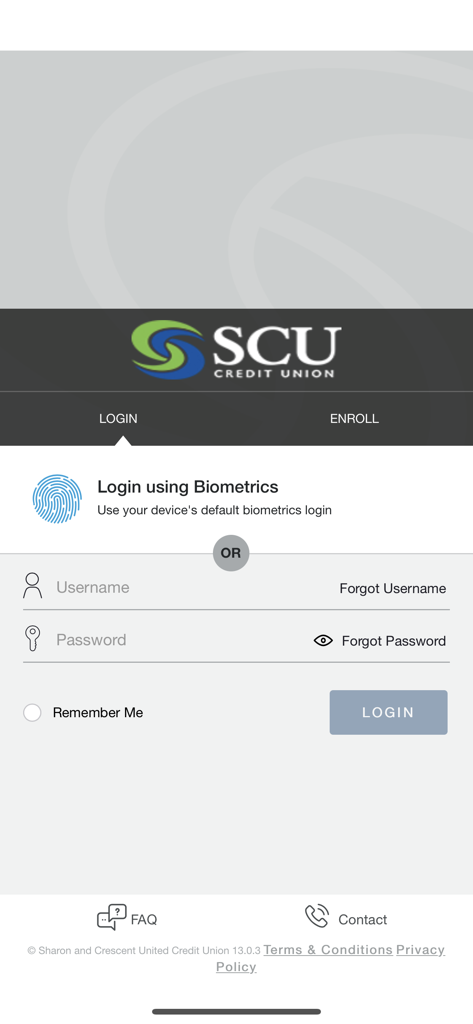 SCU Credit Card - Login screen for the SCU Credit Card app featuring biometric and manual login options