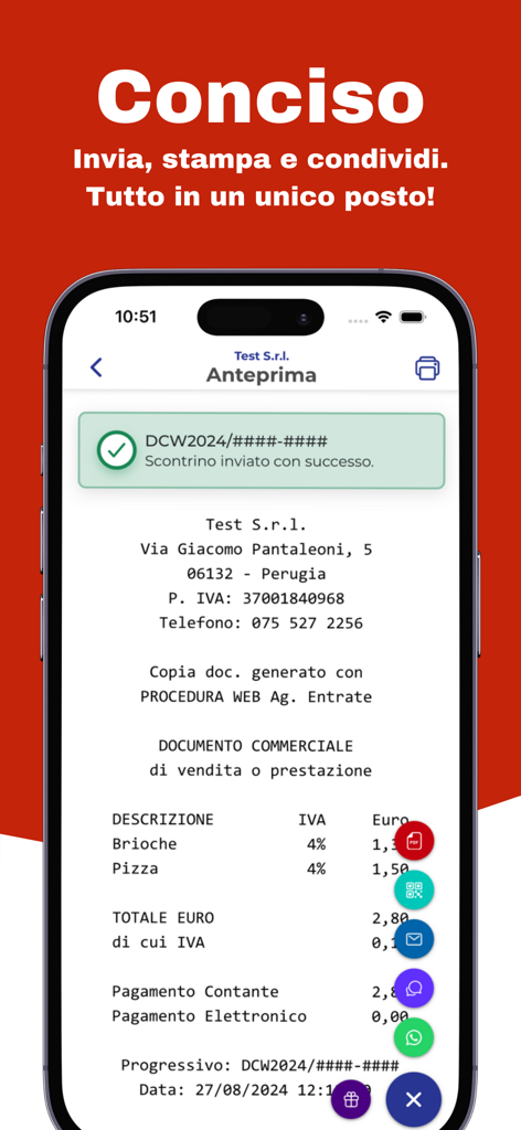 MyCassa Scontrino Elettronico - Vista previa de un recibo electrónico en la aplicación MyCassa con varias opciones de compartir, incluyendo WhatsApp y PDF.