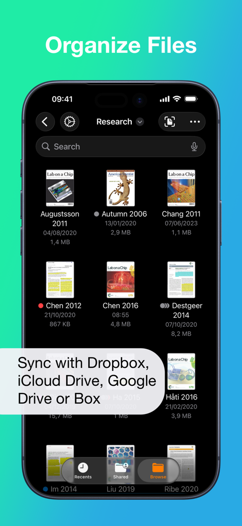 Highlights: PDF Reader & Notes - Interface d'organisation de fichiers dans l'application de lecture PDF Highlights montrant des articles de recherche avec des options de synchronisation cloud.