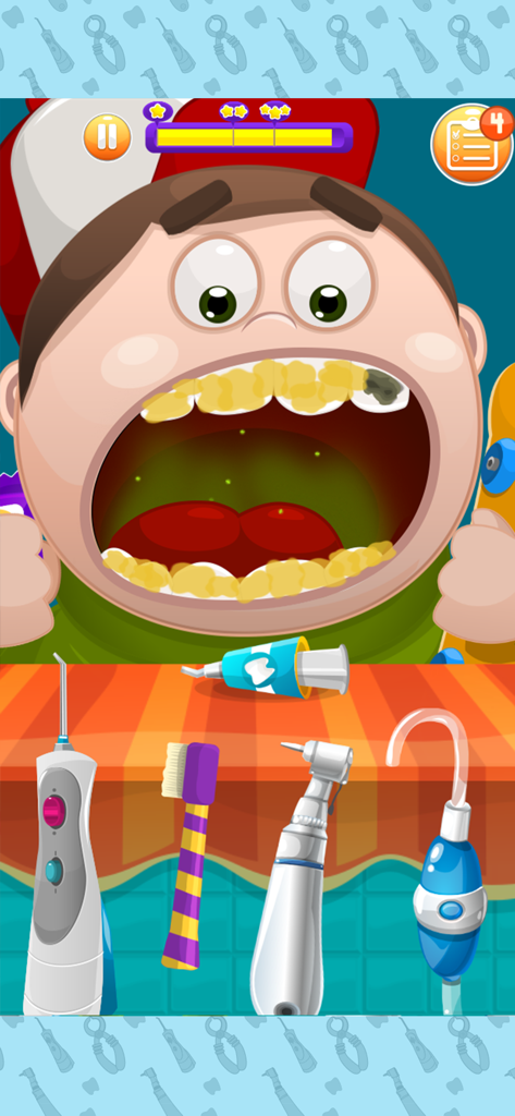 Cartoon boy with dirty teeth and dental tools in a dentist game