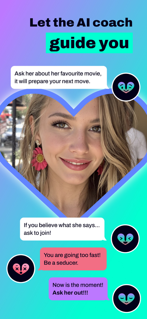 Rizz God - AI Pick Up Lines - A screenshot of the Rizz God app showing AI-powered dating advice and conversation starters over a woman's profile photo.