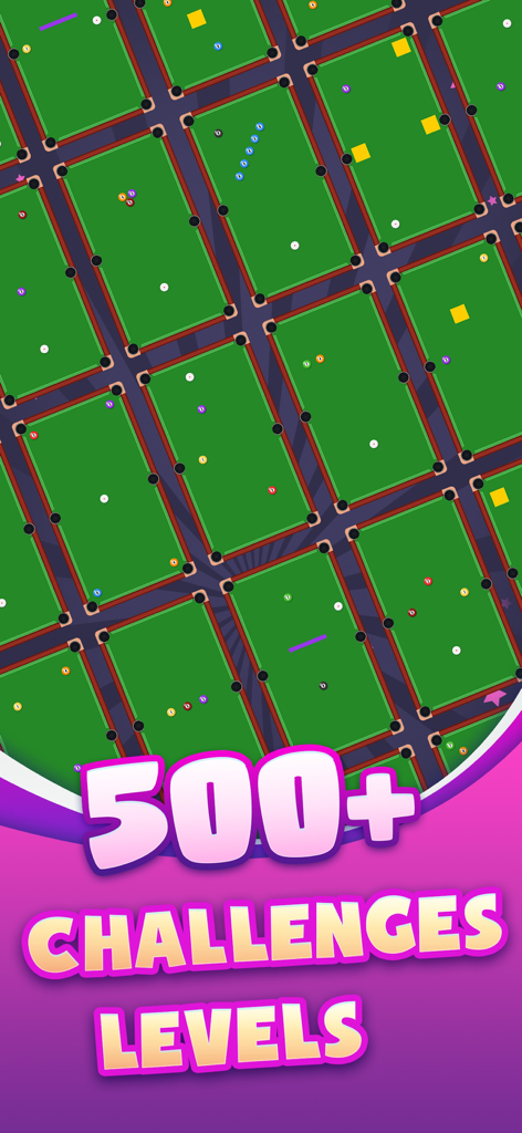 8 Ball Pool - 1 Shot - Grid of pool tables highlighting over 500 challenge levels in the 8 Ball Pool 1 Shot game