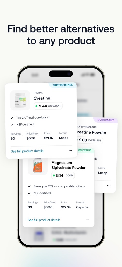 Mobile screen showing supplement product comparison cards with TrustScore ratings and price analysis for different brands.