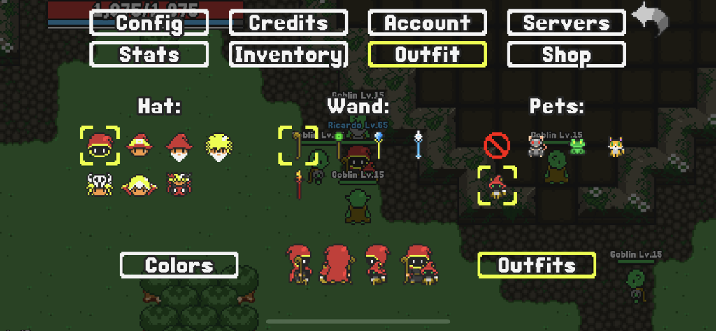 Rucoy Online - MMORPG - Character customization screen in Rucoy Online showing options for hats wands pets and outfits in a pixel art style
