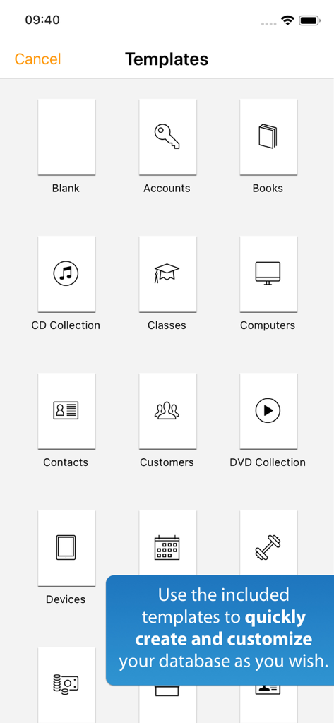 iDatabase - The iDatabase app screen showing a variety of pre-made database templates for collections and accounts