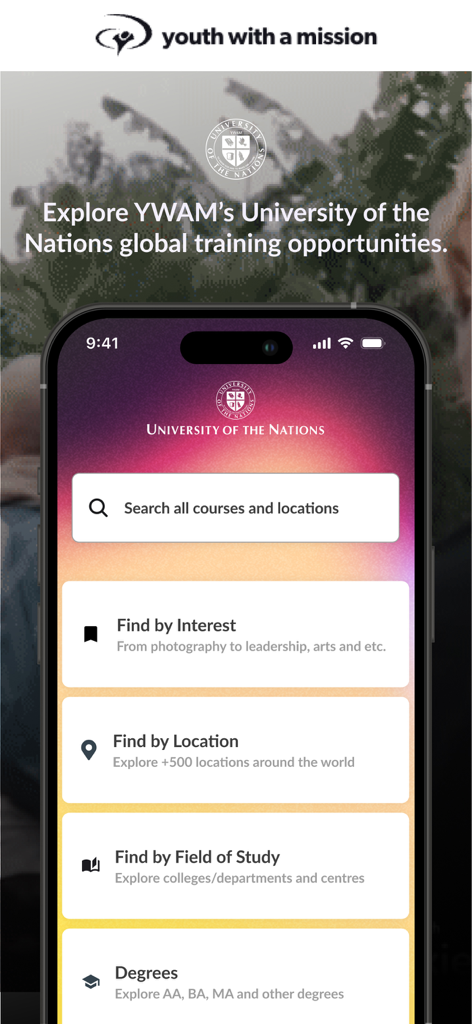 YWAM Training - Écran d'accueil de l'application mobile YWAM Training avec des options de recherche de cours et de lieux de mission mondiaux
