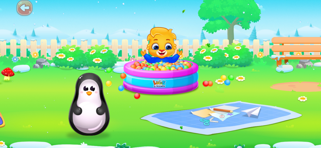 Puzzle Games For Kids 3+ Years - Colorful scene from Puzzle Kids game with a character in a ball pit and a penguin toy