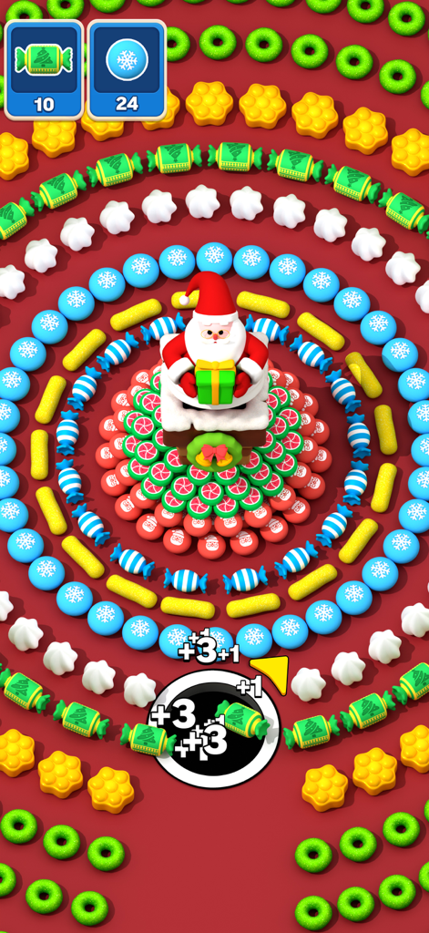 Gameplay of Holy Hole showing a black hole swallowing Christmas candies around a Santa figure.