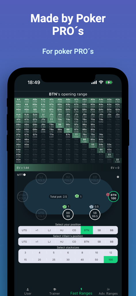 GTO Preflop mobile app showing professional poker range charts and table positions for button opening ranges