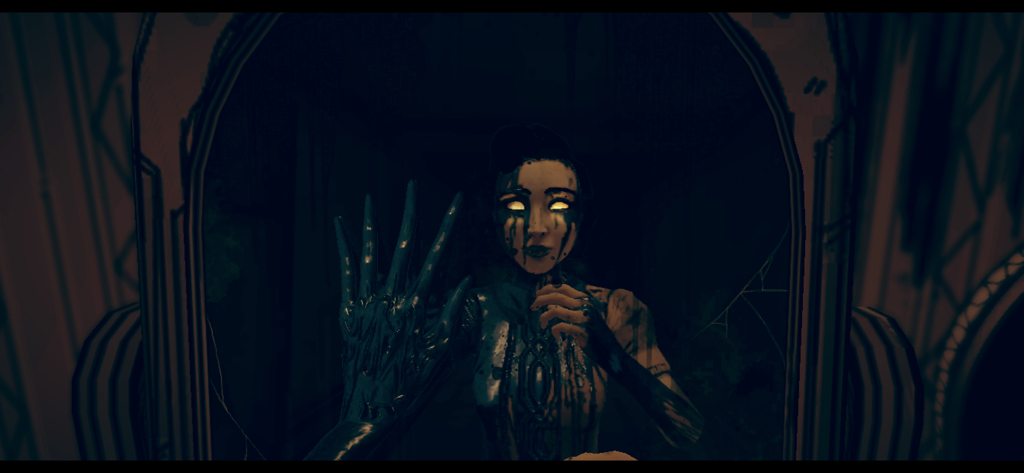 Bendy and the Dark Revivalのゲームで、光る目と顔にインクがついたオードリーが鏡を見ている