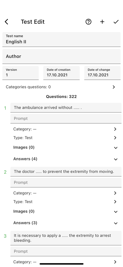 Assyst – testing and exams - Interface of the Assyst app showing options to edit and manage exam questions