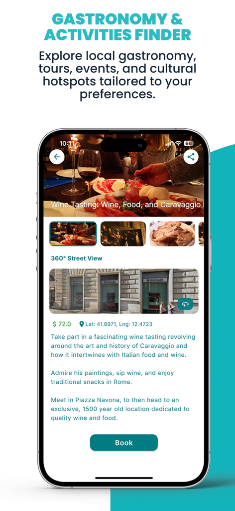 Lets2Go app interface showing a wine tasting and cultural activity in Rome with a book button