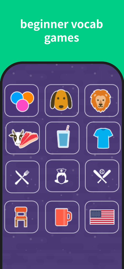 Korean Games: Infinite - Interface showing various beginner vocabulary categories with icons like animals and food