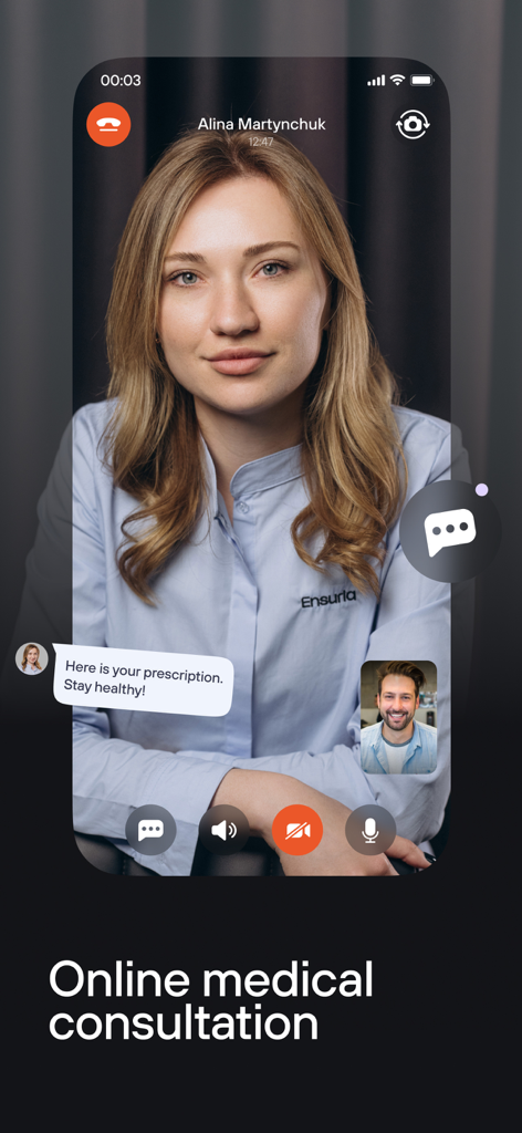 Pantalla de la app Ensuria mostrando una consulta médica en línea a través de videollamada con un médico
