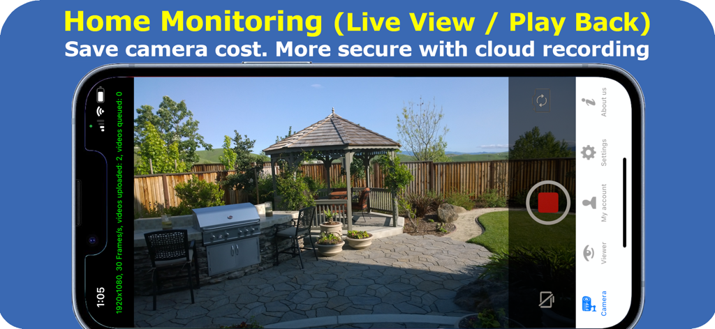 Mobile Security Camera - Mobile Security Camera app interface showing live home monitoring of a backyard gazebo and patio area.