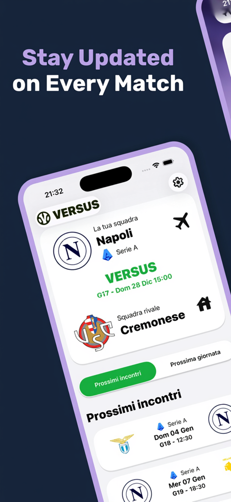 Versus: Football Widgets - Smartphone screen showing the Versus app with upcoming football match information for Napoli.