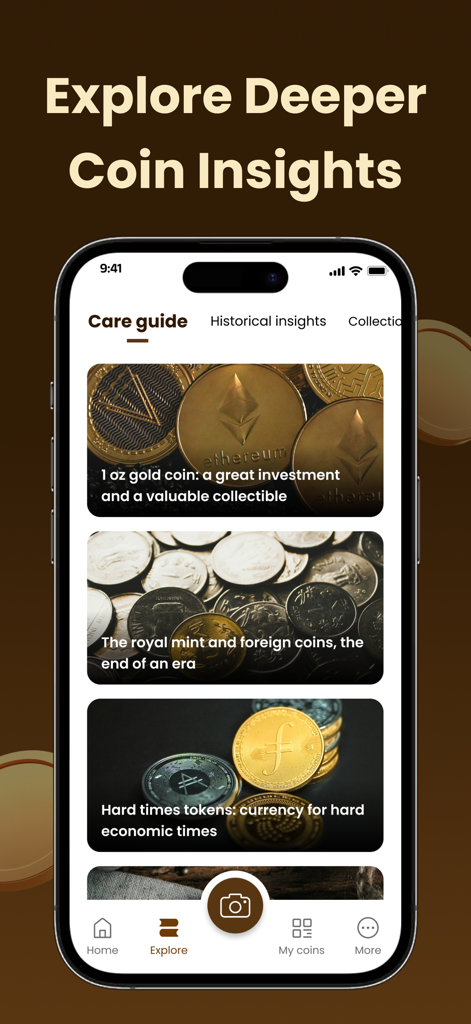 CoinSense: Coin Identifier - Interface do aplicativo CoinSense mostrando artigos educacionais sobre moedas de ouro e insights numismáticos históricos