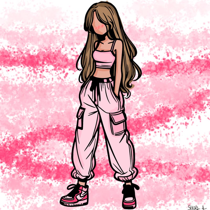 girl in baggy pants crop top and long hair